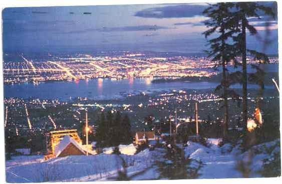 Night view from Grouse Mountain, Vancouver, British Columbia, BC, 1961? chrome