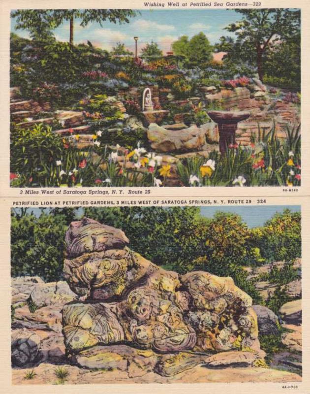 (2 cards) Wishing Well and Petrified Lion near Saratoga Springs New York - Linen