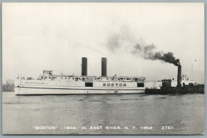 SHIP BOSTON in EAST RIVER NY VINTAGE REAL PHOTO POSTCARD RPPC