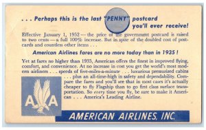 1951 American Airlines Inc Postal History End Of Penny Stamp Boston MA Postcard