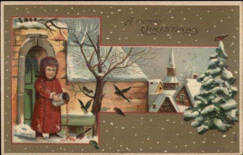 Christmas - Little Girl Feeding Birds c1910 Postcard