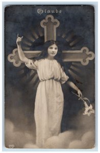 Easter Postcard RPPC Photo Pretty Girl With Flower Holy Cross c1910's Antique