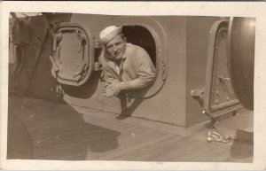 US Navy Sailor Henry Looking through the Hatch on Ship RPPC Postcard Z11