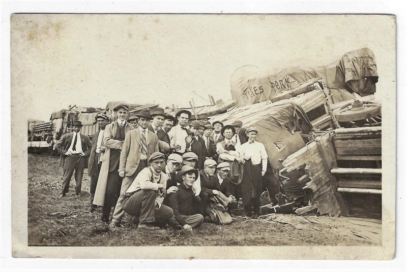 Train Railroad Derailment Real Photo Postcard ca. 1920 Circus Pike's Pea...