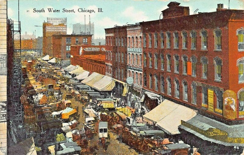 CHICAGO ILLINOIS~SOUTH WATER STREET-MARKET-STOREFRONTS~1910s POSTCARD