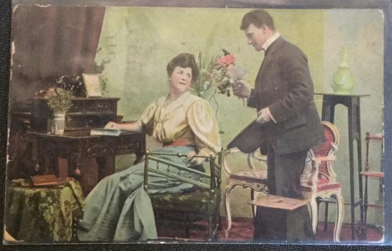 Vintage Postcard Used Stamp missing Couple Flowers LB