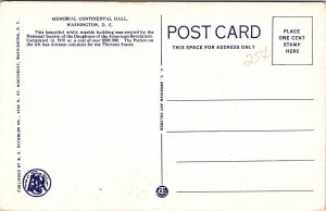 Memorial Continental Hall Washington DC WB Postcard VTG UNP Vintage Unused 