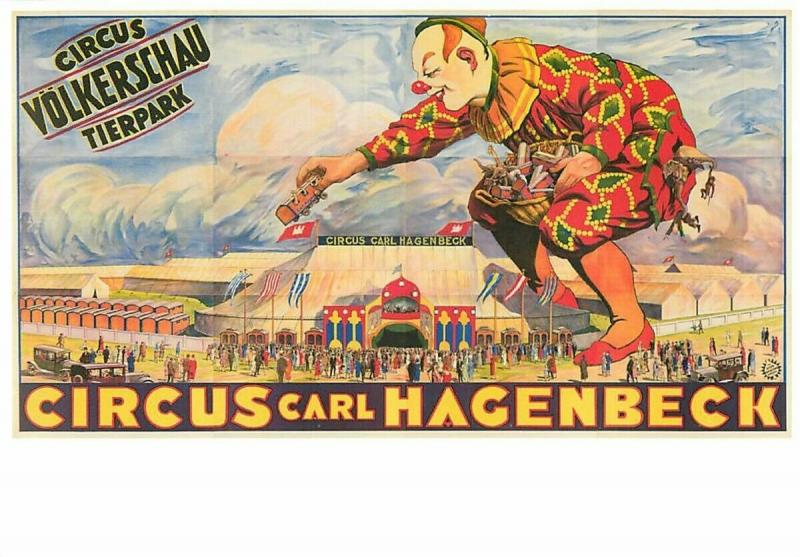 Hagenbeck Circus Giant Clown with Railroad Cars and Elephants Modern Postcard