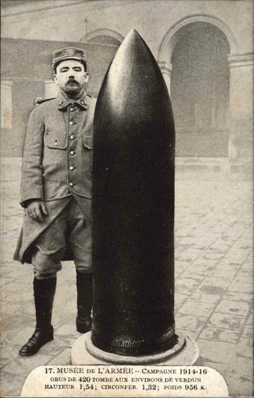 WWI Soldier Huge Artillery Shell at Museum Paris? c1920 Postcard