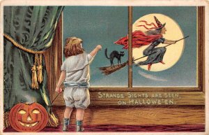 Strange Sights On Hallowe'en, Child In Window W/ Jack-O-Lantern, Witch & Black C