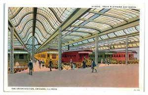 Union Station Interior, Train Platform & Sheds, Chicago, IL Fred Harvey Postcard