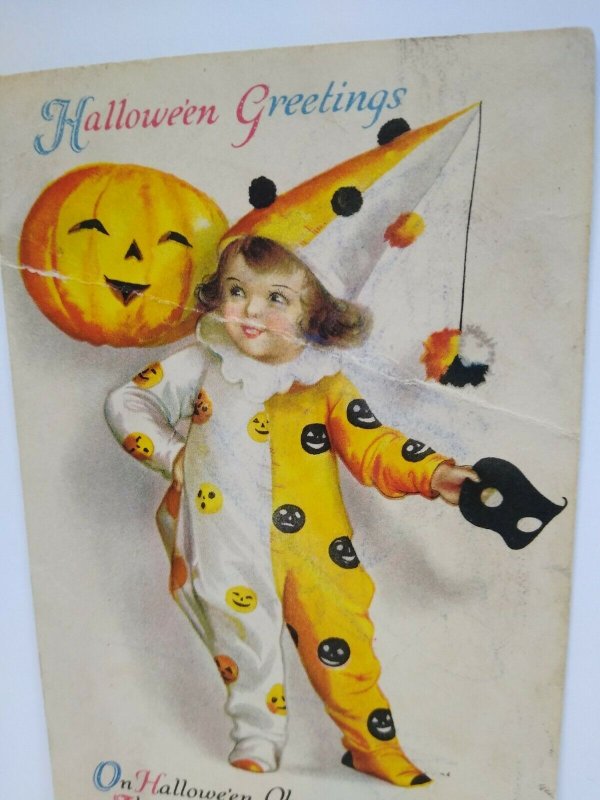 Halloween Postcard Ellen Clapsaddle Wolf Series 31 Lil Girl Clown Vintage RARE