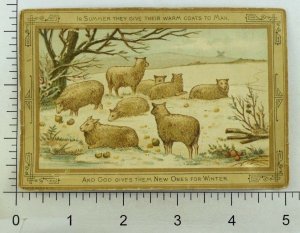 1880's Victorian Card Winter Scene Sheep In Snow Poem Hesba Stretton P100