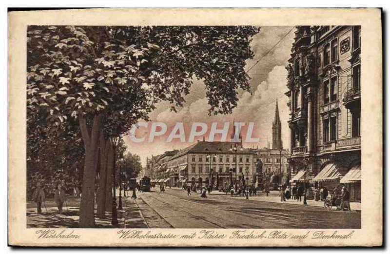 Old Postcard Wiesbaden Wilhelmstrasse mit Kaiser Friedrich Platz und Denkmal