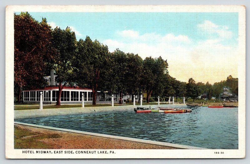 Conneaut Lake Pennsylvania~Hotel Midway East Side Waterfront Porch~Boats~1930 