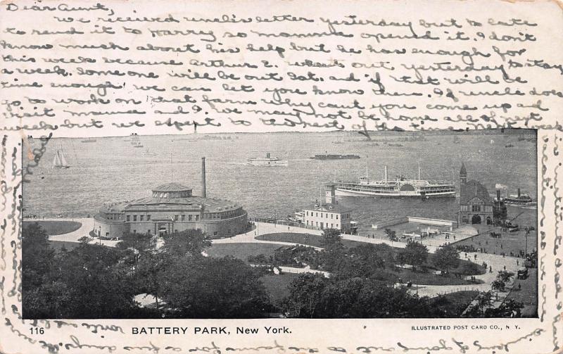 Battery Park, New York, N.Y., Early Postcard, Used in 1908