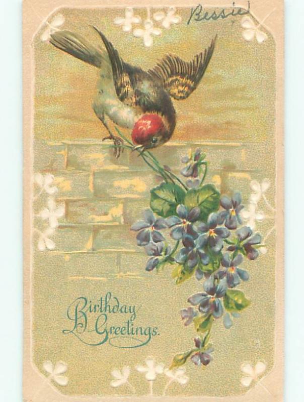 Pre-Linen CUTE REDHEADED BIRD WITH FLOWERS IN PEAK W7298