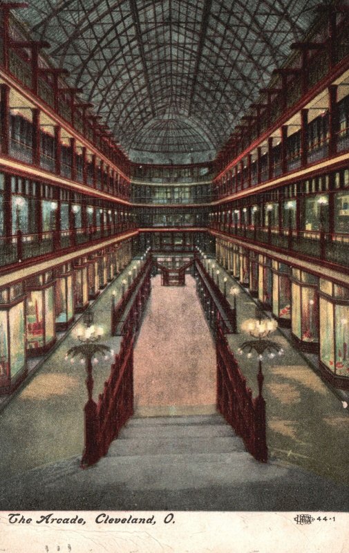 Vintage Postcard 1908 The Arcade Interior Stairway Glass Skylight Cleveland Ohio