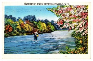 1937 Greetings from Jeffersonville, Fly Fishing Man, Catskill Mtns, NY Postcard