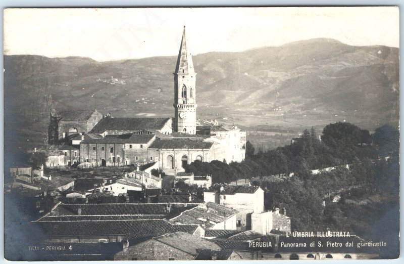 c1910s Perugia, Italy RPPC Panorama St. Peter's Church City View Mountains A336