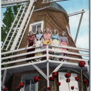 c1940s Pella IA Full Scale Dutch Windmill Sunken Gardens Lovely Women Girls A201