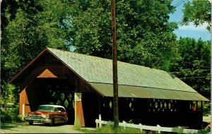 Old Covered Bridge Brattleboro Vermont Old Car Chrome Cancel WOB Postcard 