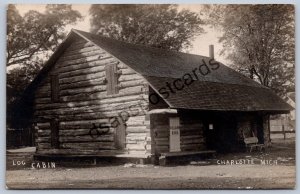 K49/ Charlotte Michigan RPPC Postcard c1910 Log Cabin Building 43