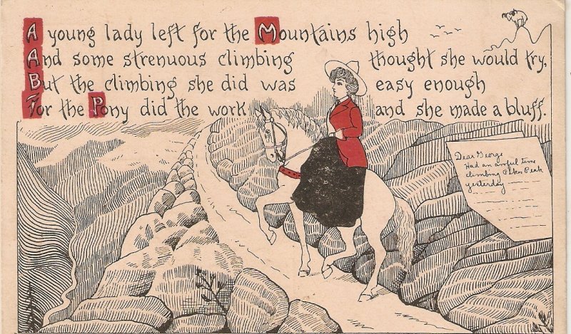 Young lady on horse at the Mountains Old vintage American Postcard