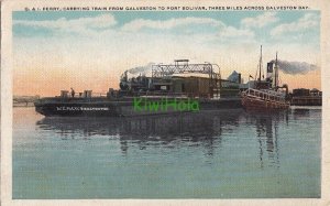 Postcard G & I Ferry Carrying Train Galveston Port Bolivar Galveston Bay TX