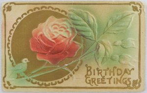 Large Dark Red Rose with Gold Border - Birthday Greetings - Vintage Postcard