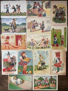 Lot 14 Easter folklore & traditions greetings postcards drawn children Hungary 