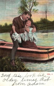 Vintage Postcard 1910's Lovers Couple Boating On Lake Romance Moments Together