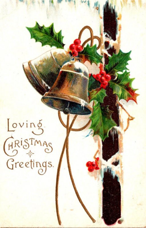 Christmas With Gold Bell and Holly 1908