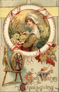 Thanksgiving Spinning Wheel Pilgrim Woman c1910 Vintage Gel Postcard