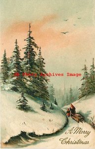 Christmas, PFB No 9043-3, People Pulling a Sleigh of Wood on Snow Covered Road