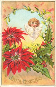 Angel Head & Poinsettias Postcard, Joyful Christmas, Embossed 1910s
