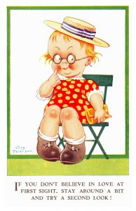 Vera Paterson Girl Folding Chair, Hat Glasses Love First Sight 3415 Postcard S12