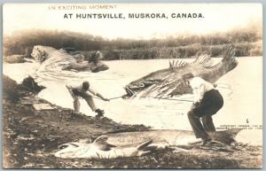 HUNTSVILLE MUSKOKA CANADA FISHING EXAGGERATED ANTIQUE REAL PHOTO POSTCARD RPPC