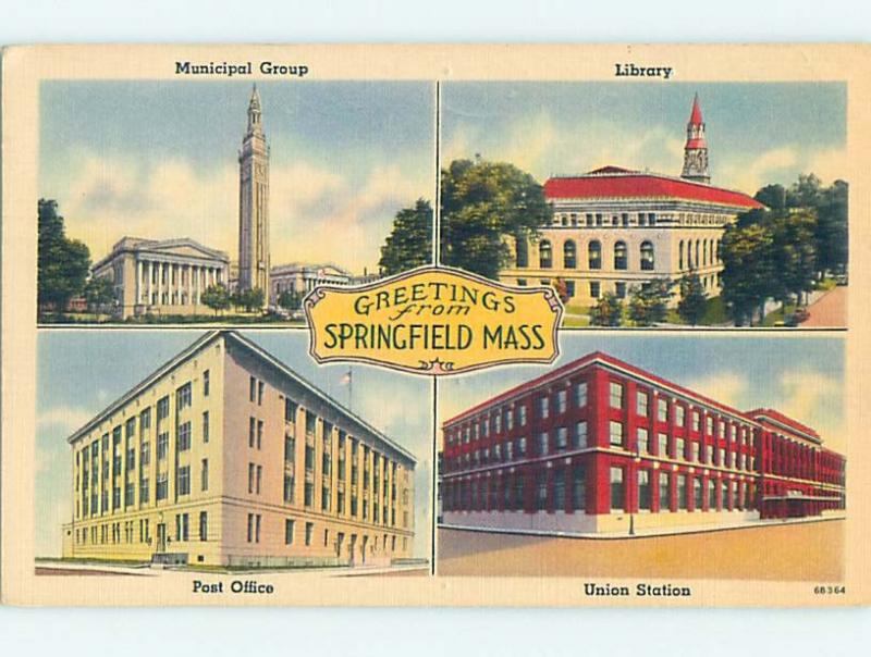 Linen FOUR SCENES ON ONE POSTCARD Springfield Massachusetts MA HM9659