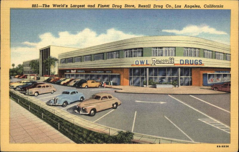 Los Angeles California CA Rexall Drug Co Classic Cars Parking Lot Linen Postcard