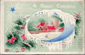 Postcard Merry Christmas - embossed winter scene with home holly and star