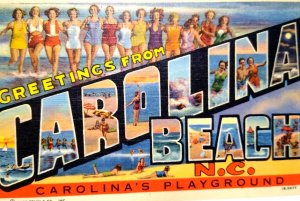 Greetings From Carolina Beach NC Large Letter Linen Postcard Curt Teich Ladies