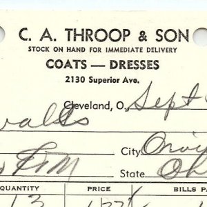 1939 C.A. THROOP & SON COATS-DRESSES CLEVELAND OHIO BILLHEAD STATEMENT Z3454
