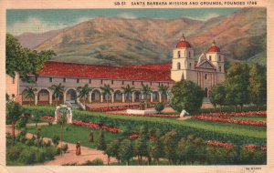 Vintage Postcard 1937 Santa Barbara Mission And Grounds Santa Barbara California