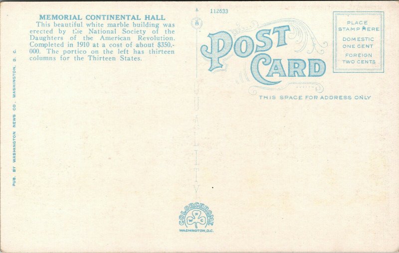 Vtg 1920s Memorial Continental Hall Building DAR Washington DC Postcard