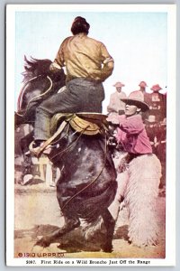 Western~First Ride On Wild Broncho~Cowboy Rodeo Scene~HH Tammen Vintage Postcard