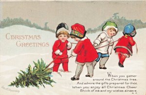 Clapsaddle Christmas Greetings-Children Pulling Christmas Tree~1910s POSTCARD