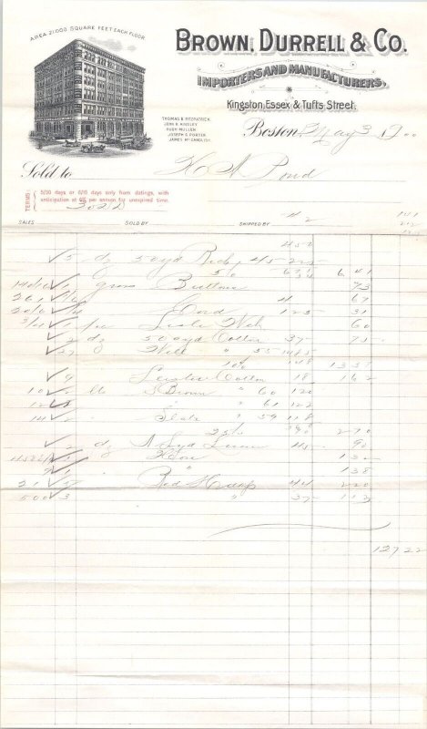 1900 Antique Billhead - BROWN, DURRELL & CO. Importers Manufacturers - Boston