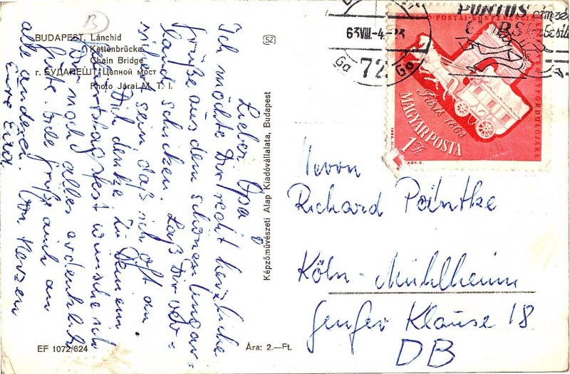 Scenic View Chain Bridge over Danube River Budapest Hungary Continental Postcard