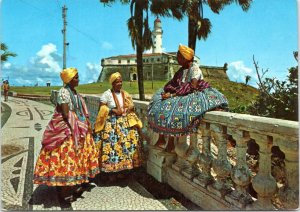 Postcard Brazil Salvador - Harbor Bar Lighthouse and women in typical dress